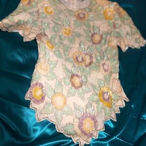 Laurence Kazar White Beaded Floral Embroidered Top with Yellow and Mint Accents